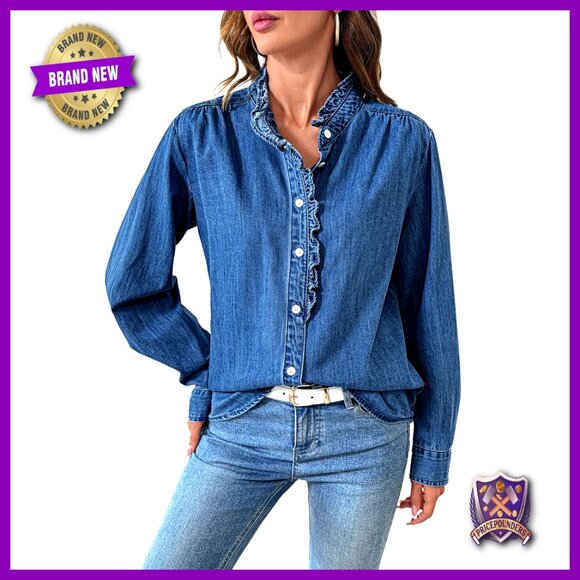 Tops - Denim Button Down Shirt Long Sleeve Ruffled Edge Casual Blouse
